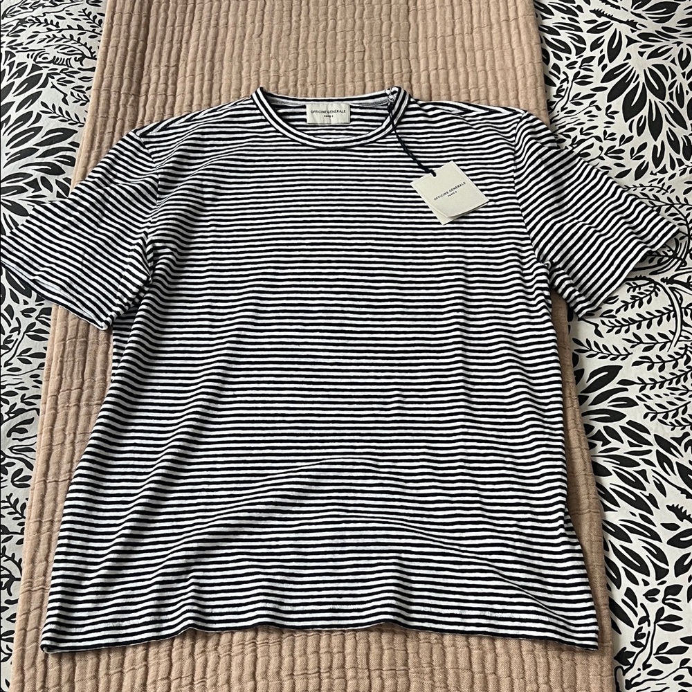 Office Generale Men’s Linen Cotton Navy and White Striped Short Sleeve Tee